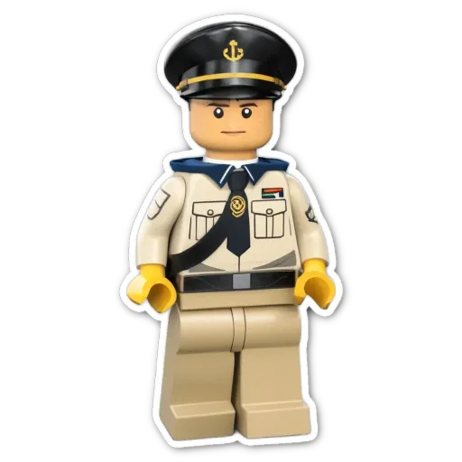 A lego officer with a black hat and a white shirt.