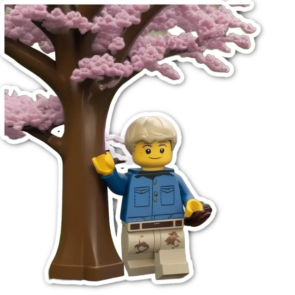 A lego boy standing in front of a tree.