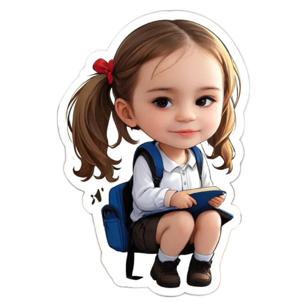 A cartoon girl sitting with a backpack on her lap.