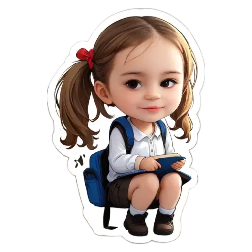 A cartoon girl sitting with a backpack on her lap.