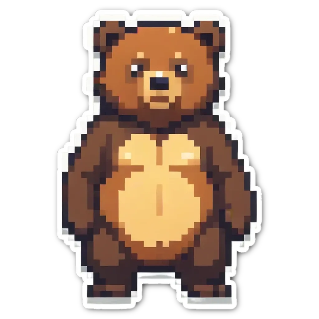 A sticker of a bear that is pixelated.