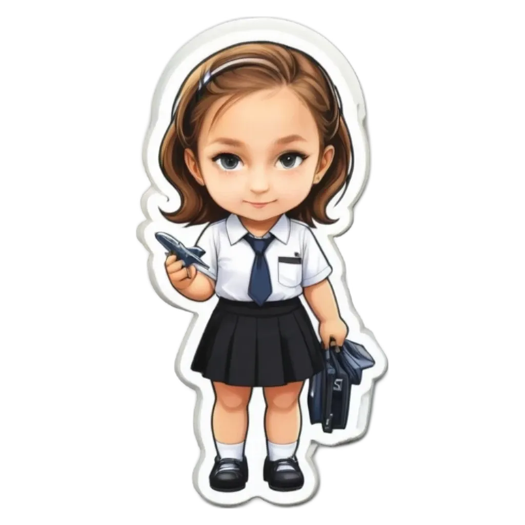 A girl wearing a school uniform holding a plane toy.