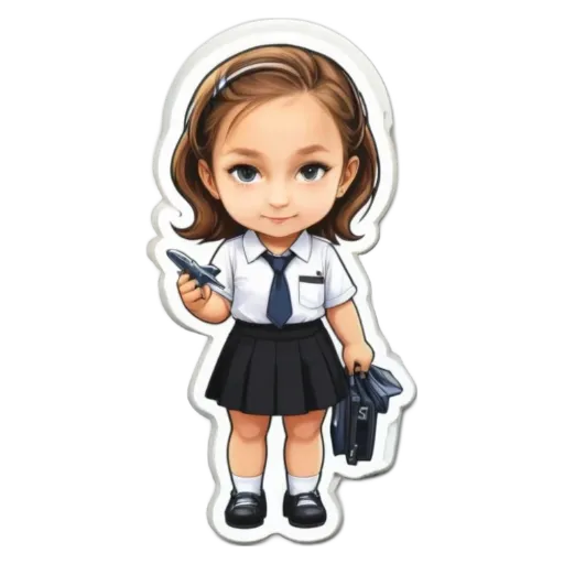 A girl wearing a school uniform holding a plane toy.