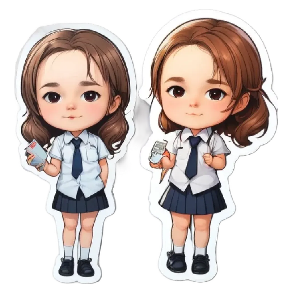 A sticker of two girls that are wearing the same clothing.