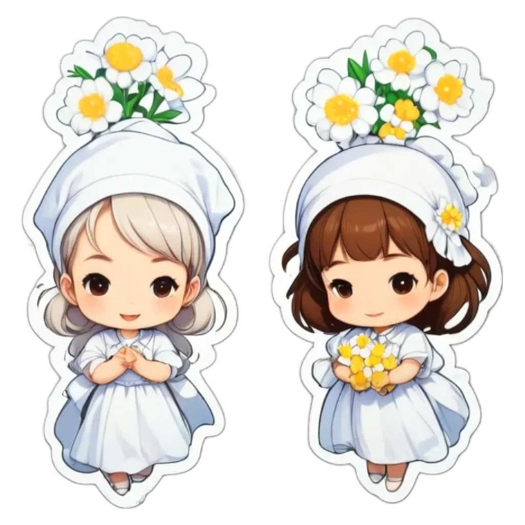 Two small cartoon people wearing white and holding flowers.