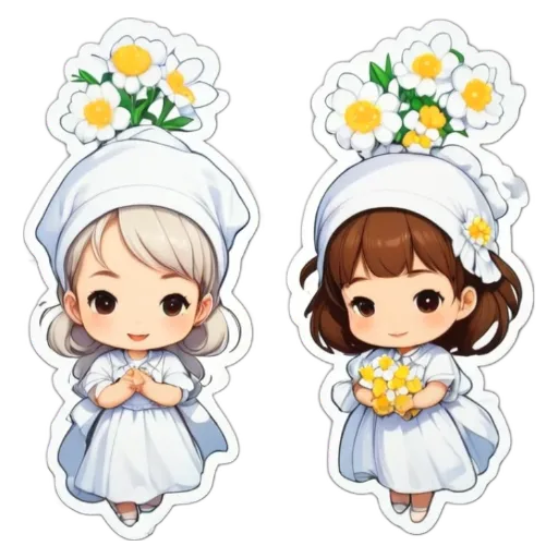 Two small cartoon people wearing white and holding flowers.