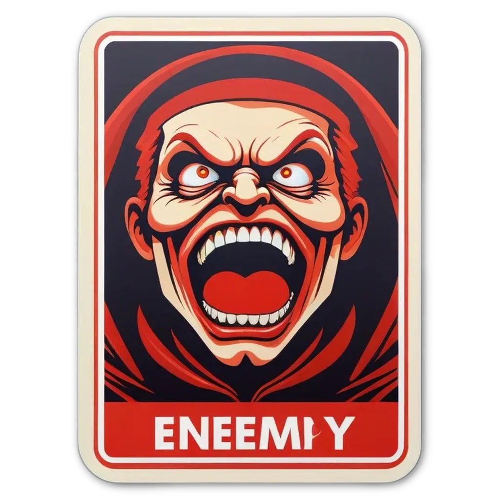 A sticker of a joker with the word enemy on it.