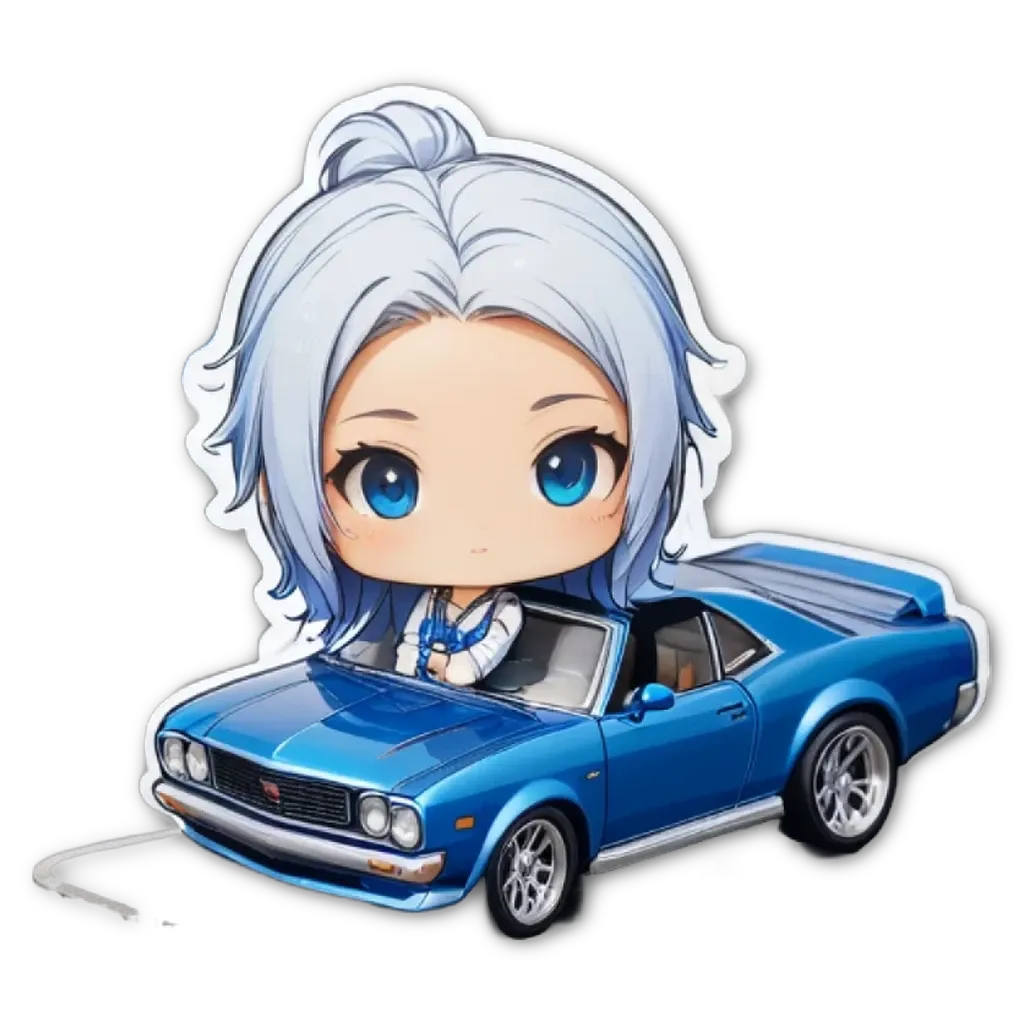 A small girl with blue eyes and a ponytail is sitting in a car with the driver.