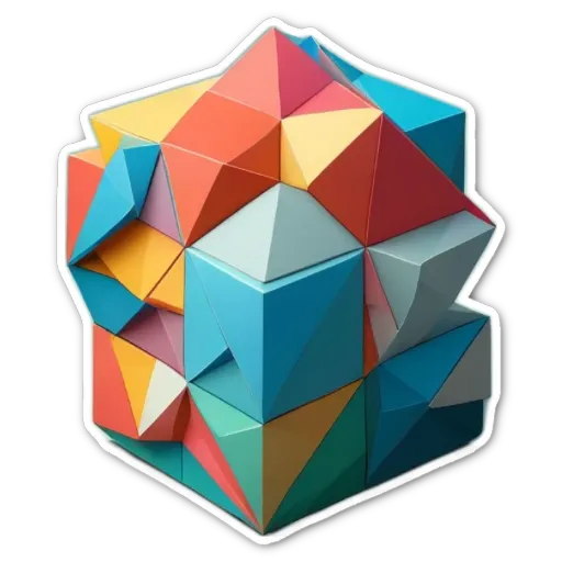 A colorful sticker of a cube with different colors on each face.