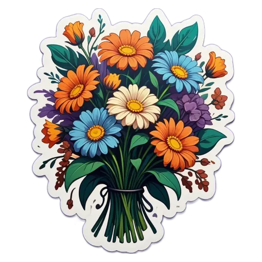 A bouquet of flowers that are colored orange, yellow and blue.