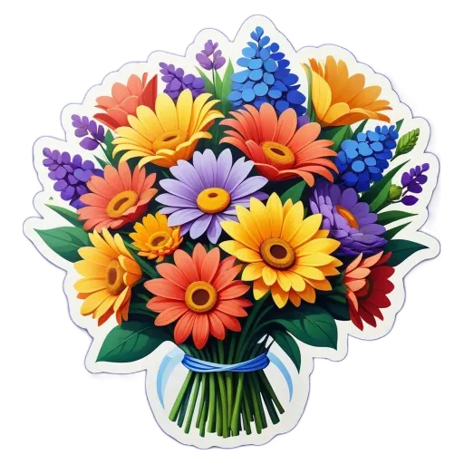 A colorful bouquet of flowers that is about the size of a sticker.