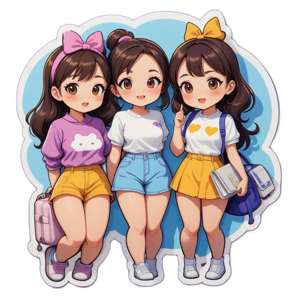 Three girls wearing similar clothing and bows are in the center of a circle.