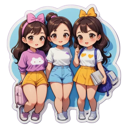 Three girls wearing similar clothing and bows are in the center of a circle.