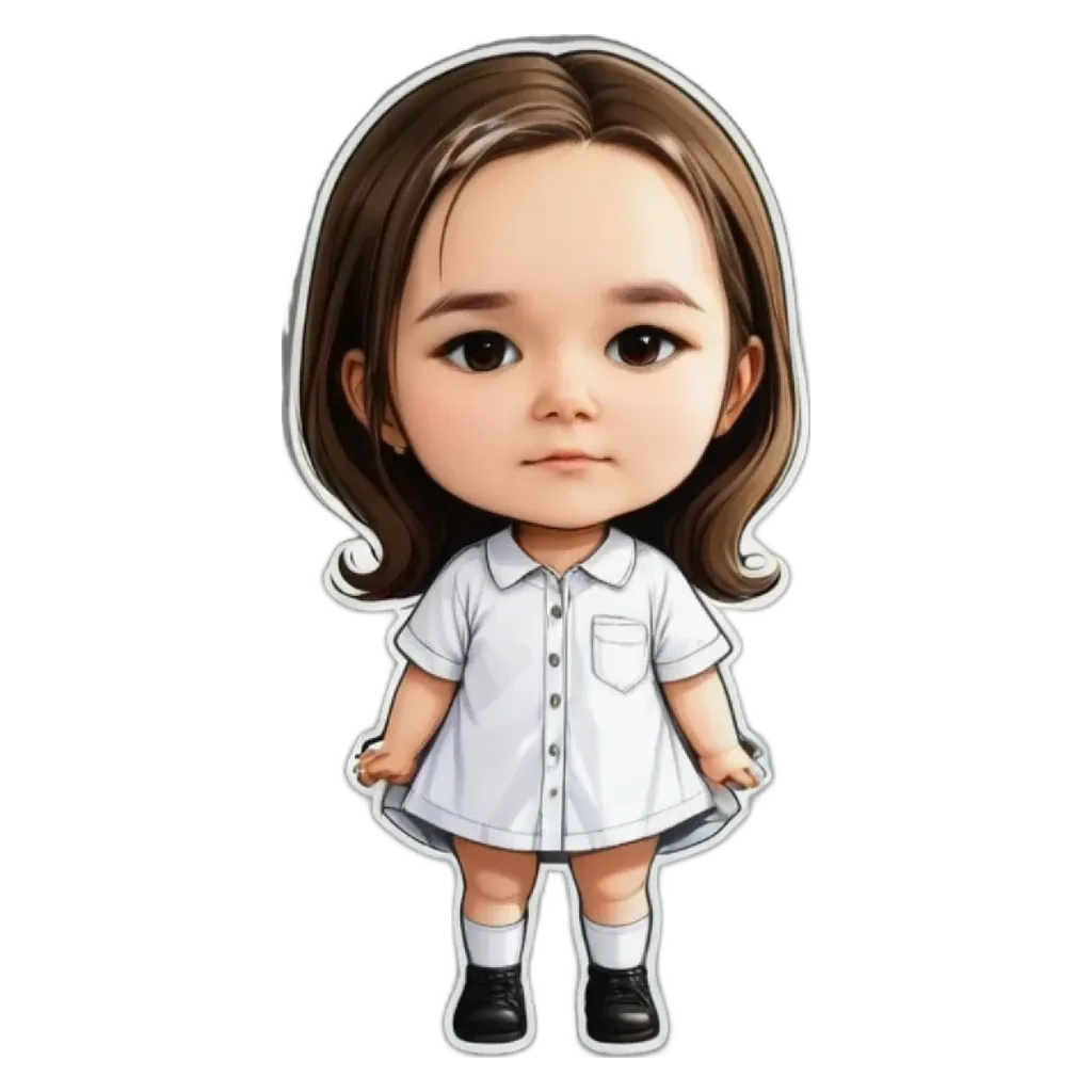 A cartoon girl wearing a white dress with black shoes.