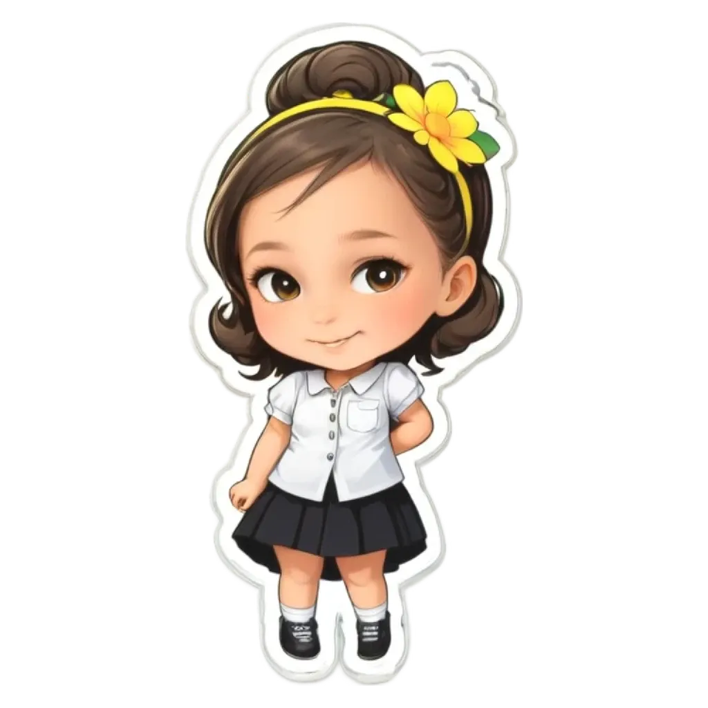 A girl with a yellow flower on her head is wearing a black and white school uniform.