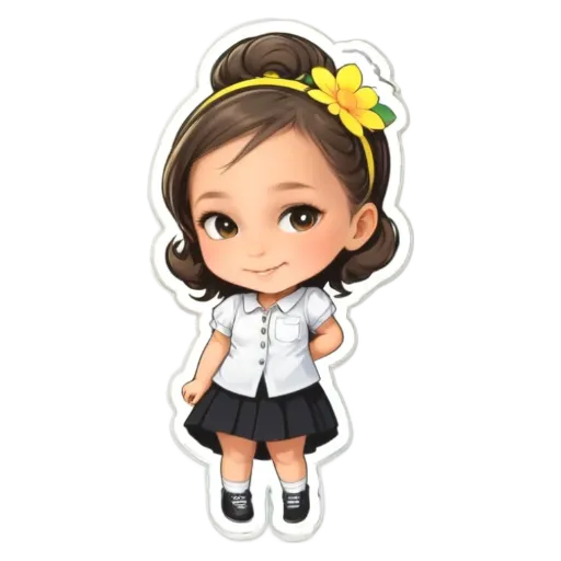 A girl with a yellow flower on her head is wearing a black and white school uniform.