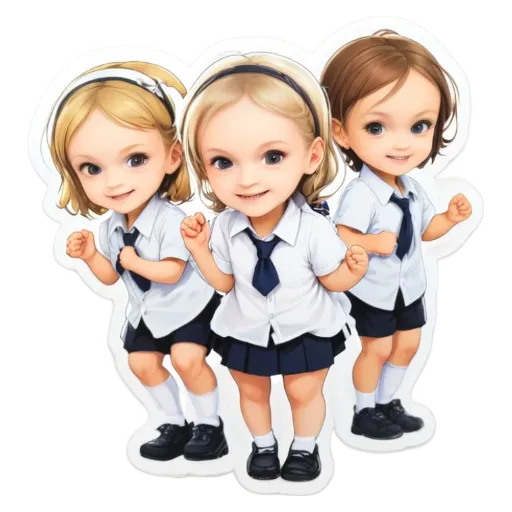 Three girl cartoon stickers in white color.