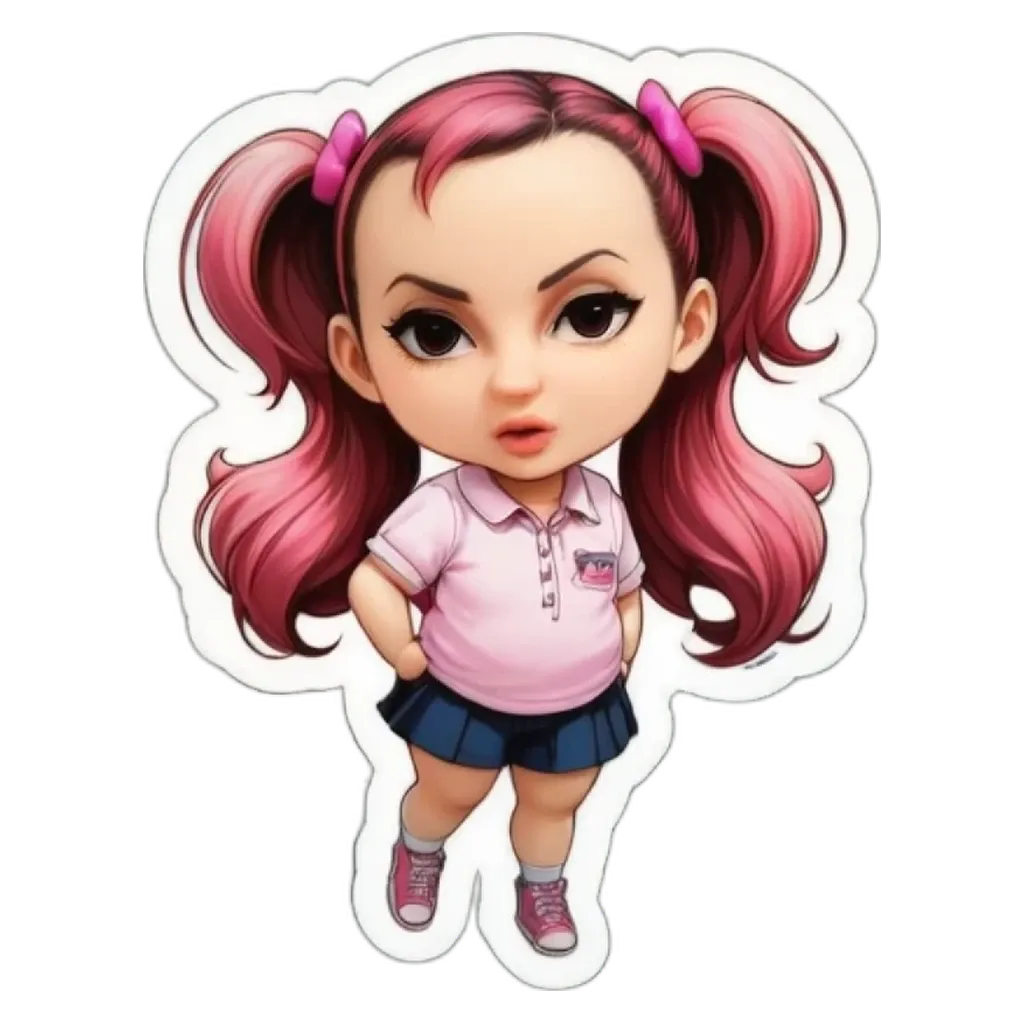 A girl with pink hair and a pink shirt who is wearing a skirt.