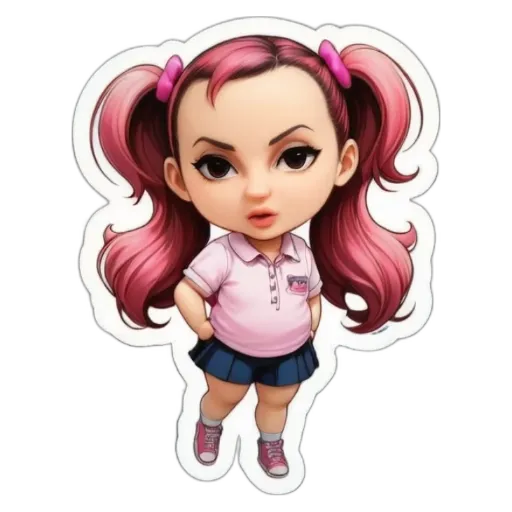 A girl with pink hair and a pink shirt who is wearing a skirt.