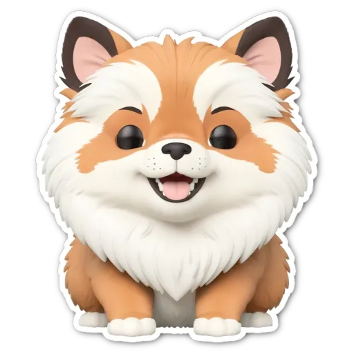 A sticker of a dog that is orange and white.