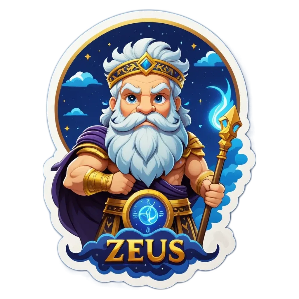 A cartoon depiction of a man with the name Zeus.