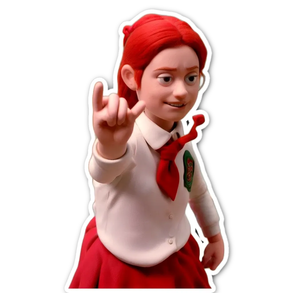 A sticker of a girl with red hair and white shirt that is holding up an finger.