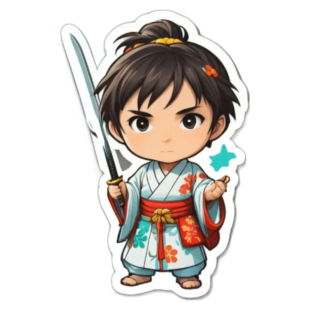 A boy is holding a sword and wearing a kimono.