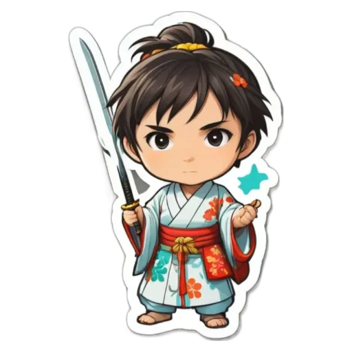 A boy is holding a sword and wearing a kimono.