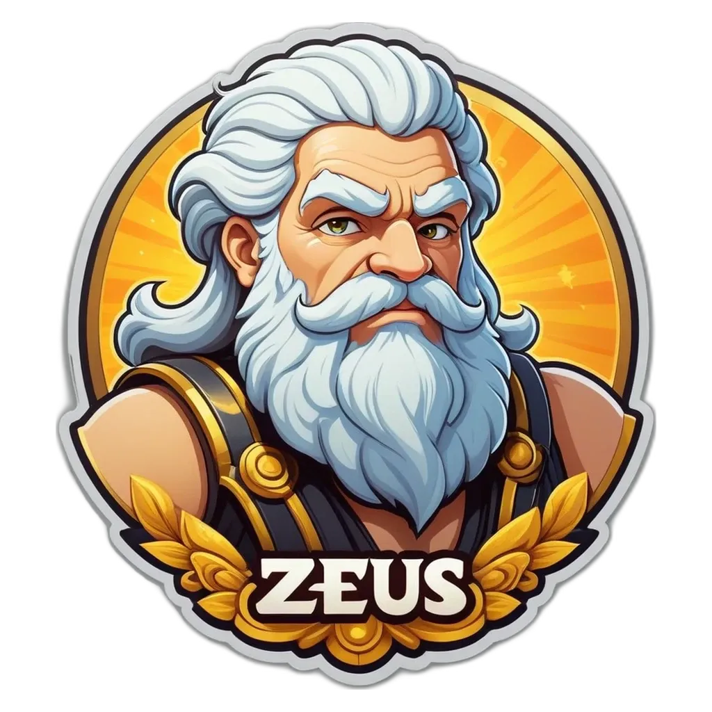 A man with a beard and white hair wearing a gold outfit is depicted as being a zeus in a circle.