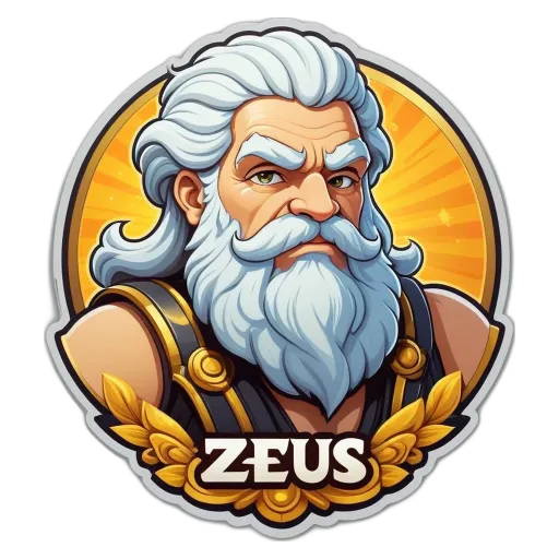 A man with a beard and white hair wearing a gold outfit is depicted as being a zeus in a circle.