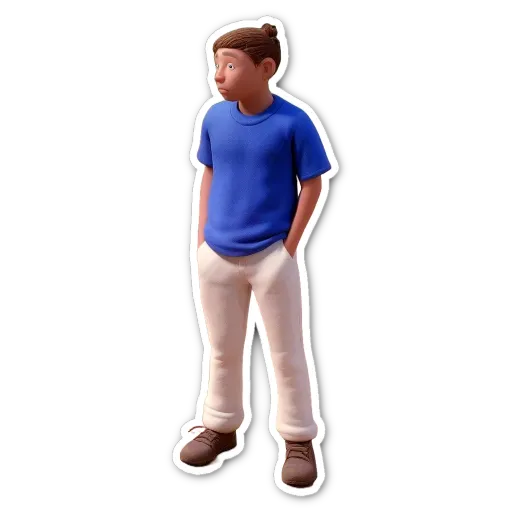 A boy in a blue shirt and white pants standing with his hands in his pockets.