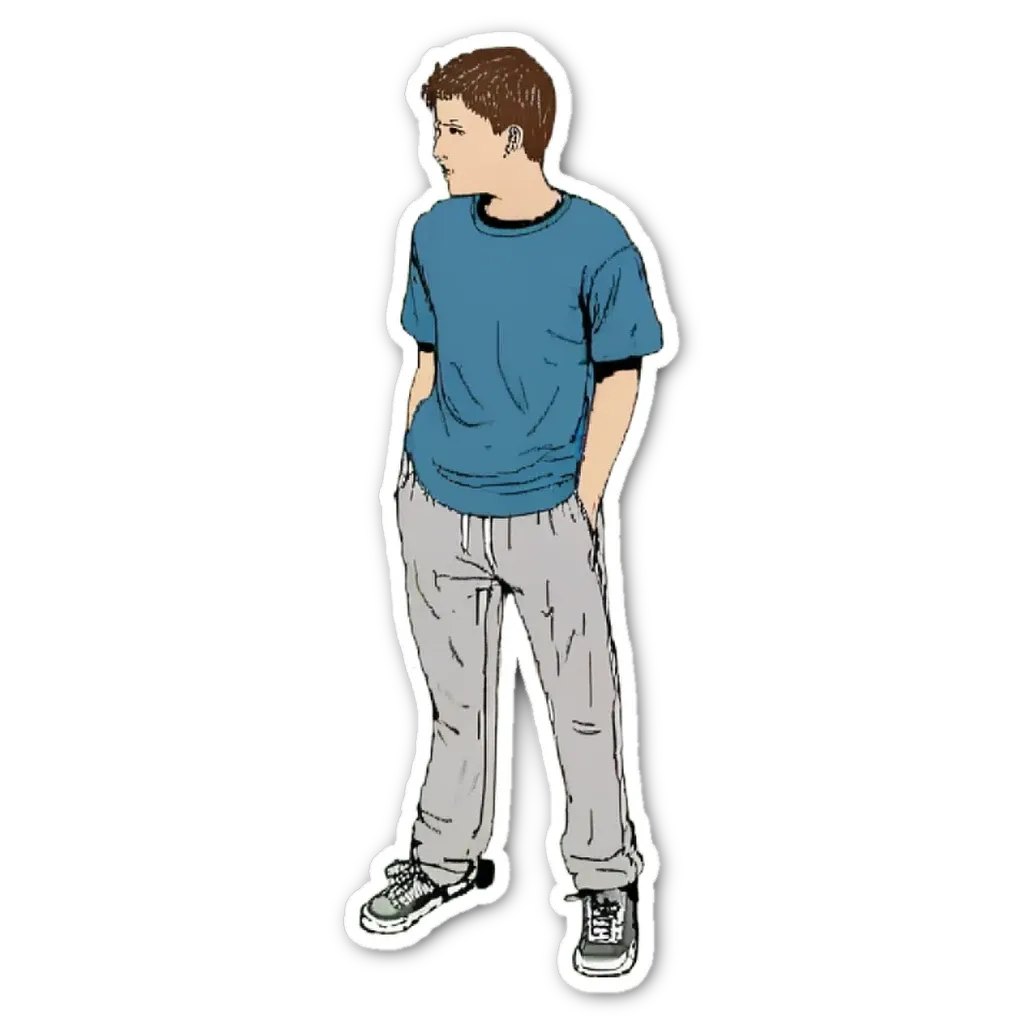 A boy is wearing a blue shirt and gray pants.