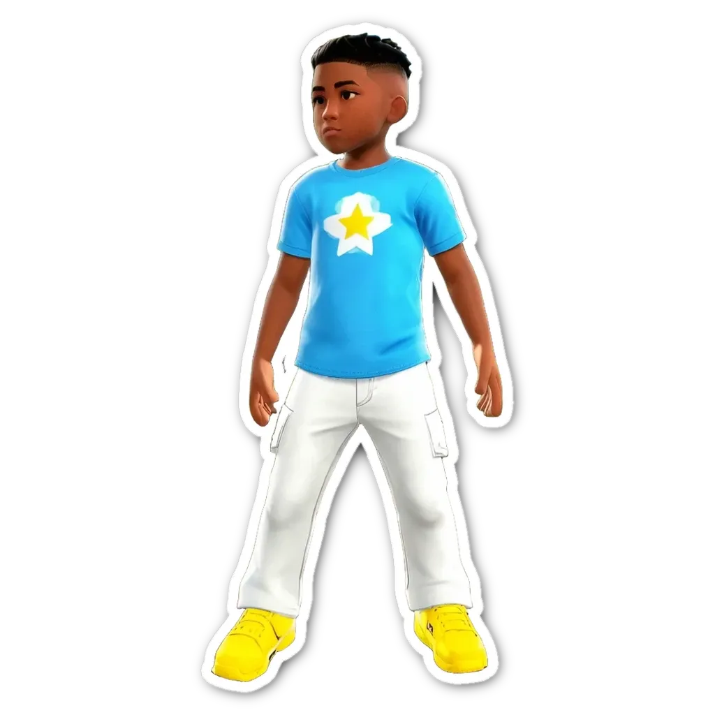 A boy in a blue star shirt is standing on a black background.