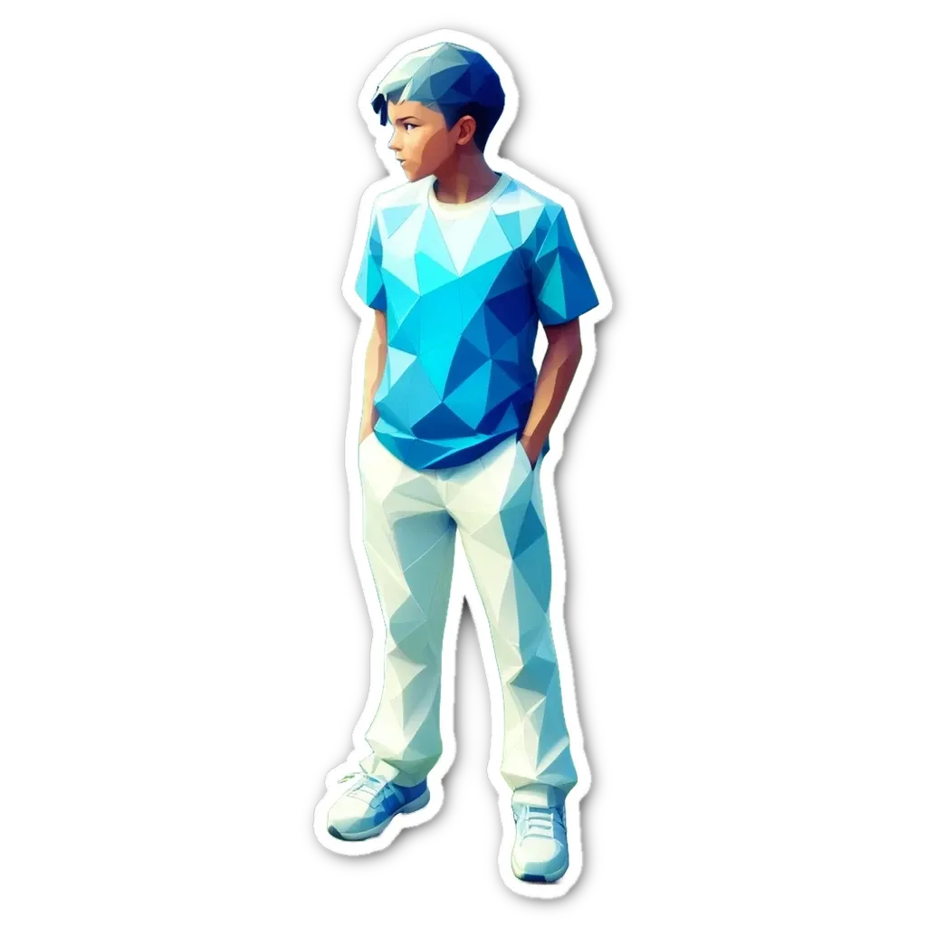 A boy is wearing a blue shirt and white pants.