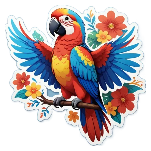 A colorful bird with a branch and flowers around its neck.