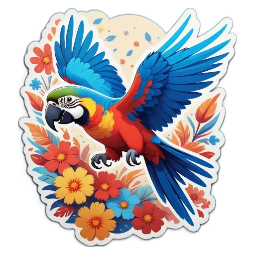 A colorful bird with flowers and leaves in its wings is flying over a field of flowers.