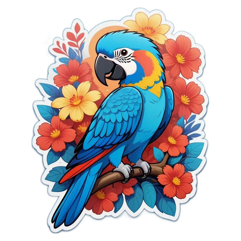 A blue and yellow parrot on a branch with flowers.