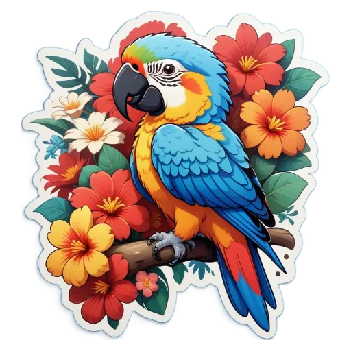 A colorful bird is perched on a branch with flowers.
