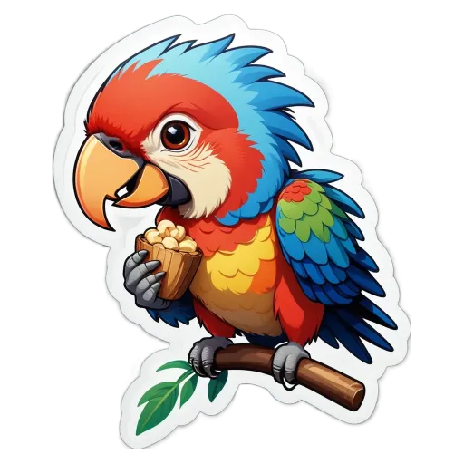 A colorful bird holding a corn kernel in its beak.
