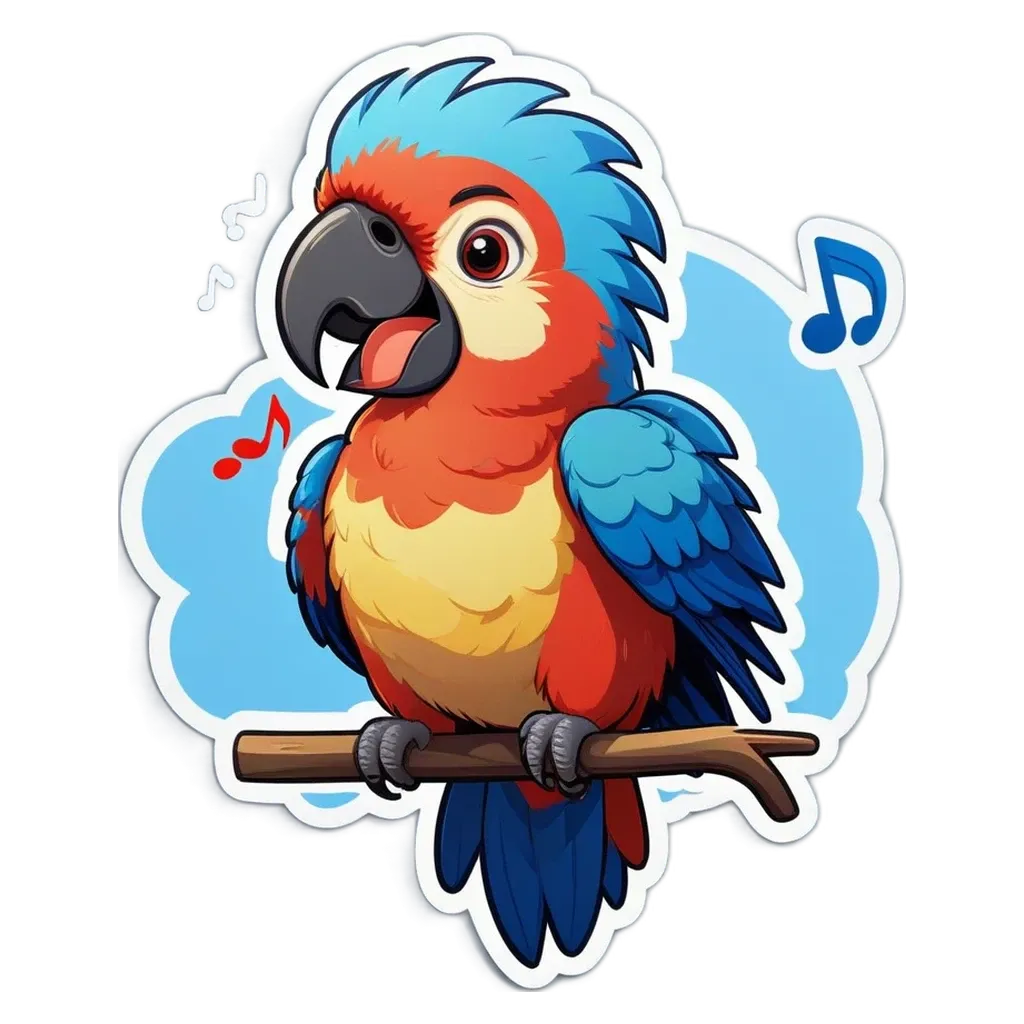 A cartoon parrot sitting on a branch and singing.