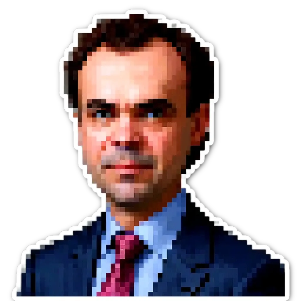 A pixelated photo of a man wearing a suit and tie.