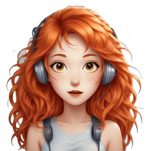 A girl with red hair and headphones on her head.