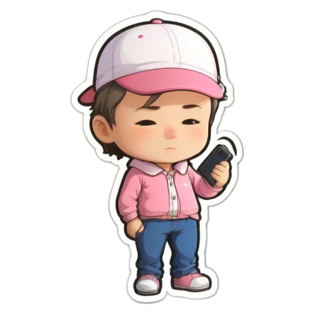 A boy is holding a cell phone and wearing a pink hat.