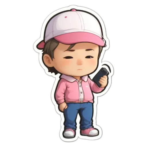 A boy is holding a cell phone and wearing a pink hat.