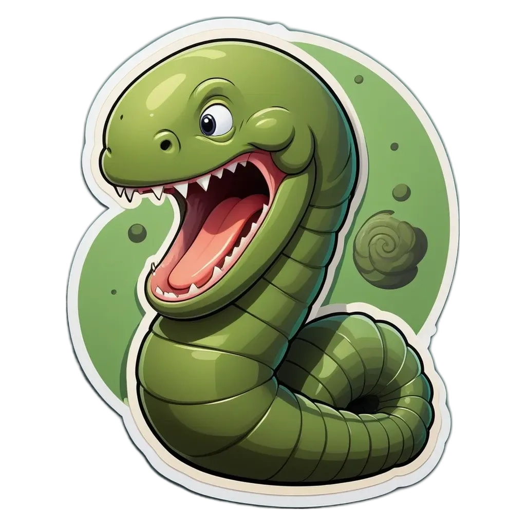 A cartoon green snake with fangs biting down on a rock.