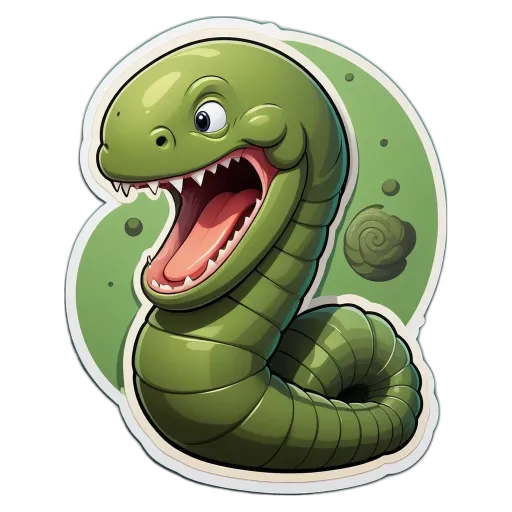 A cartoon green snake with fangs biting down on a rock.