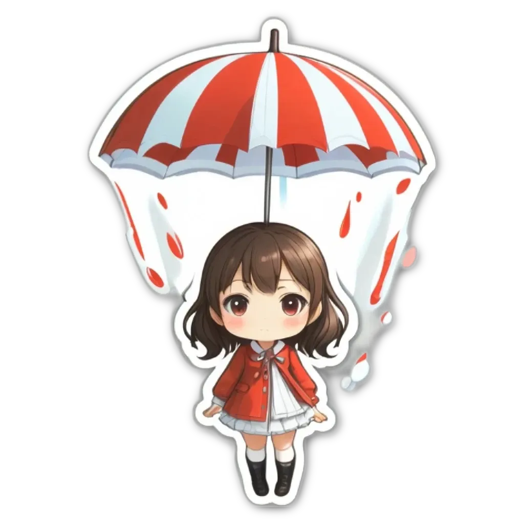 A girl with a red jacket holding an umbrella.