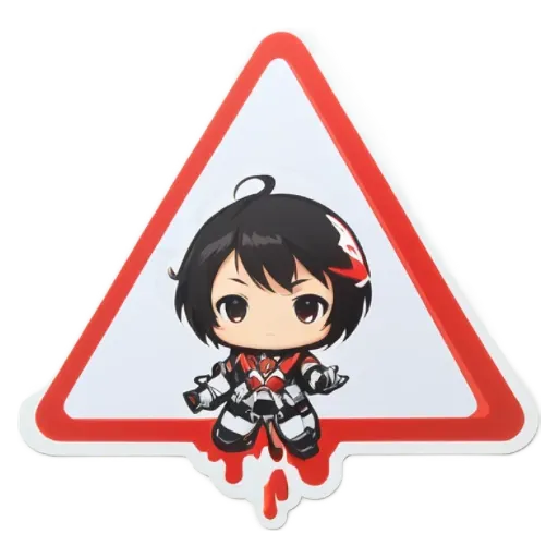 A sticker of a girl that is red and white with a triangle.