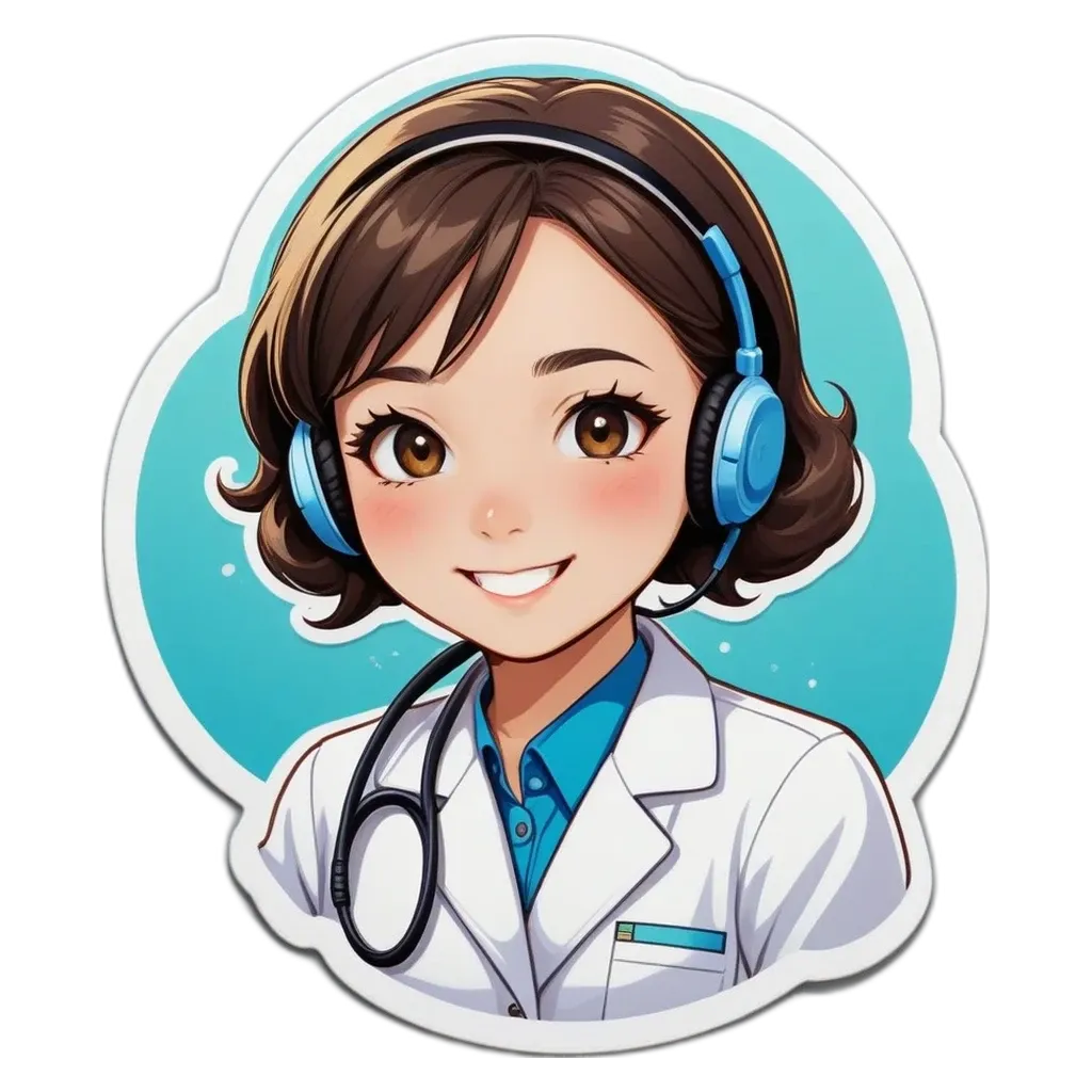 A cartoon picture of a woman who is a doctor wearing headphones.