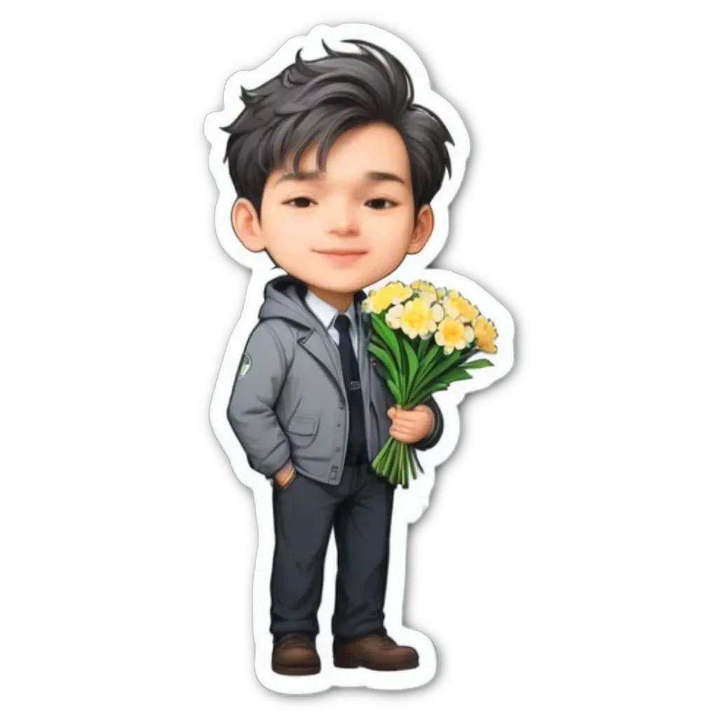 A boy is holding flowers and wearing a jacket.